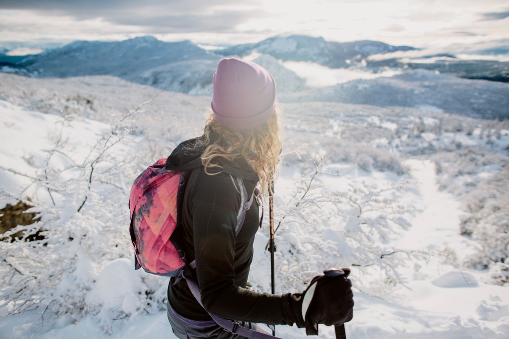 snowshoer overlooking a snowy landscape of trees and mountains