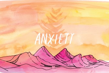 watercolor mountain landscape with anxiety text