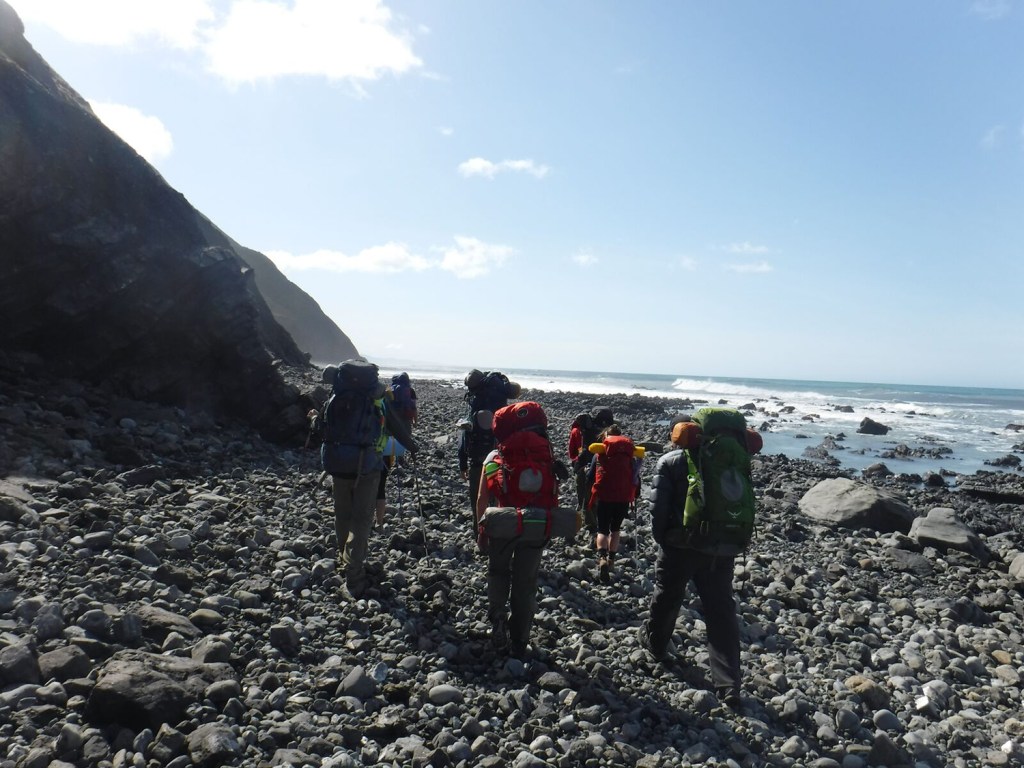 REI Adventures trip backpack along a rocky coastline
