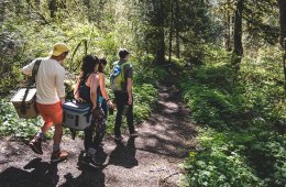 People on a trail carrying coolers
