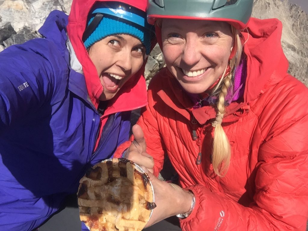 Elizabeth and Hilary celebrating their climb with pie