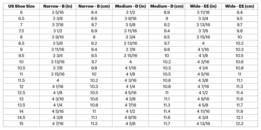 Men's Running Shoe Width Size Chart