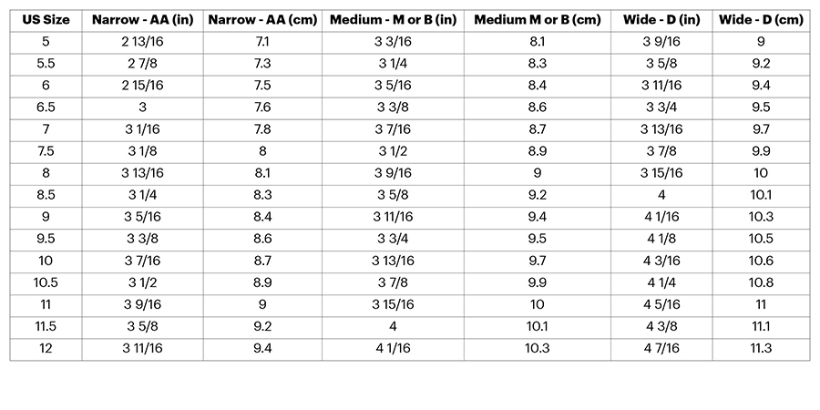 Women's Running Shoe Width Size Chart