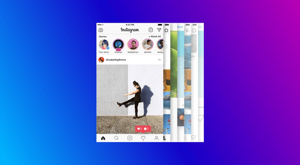 Photos of Instagram on a blue and pink gradient background.