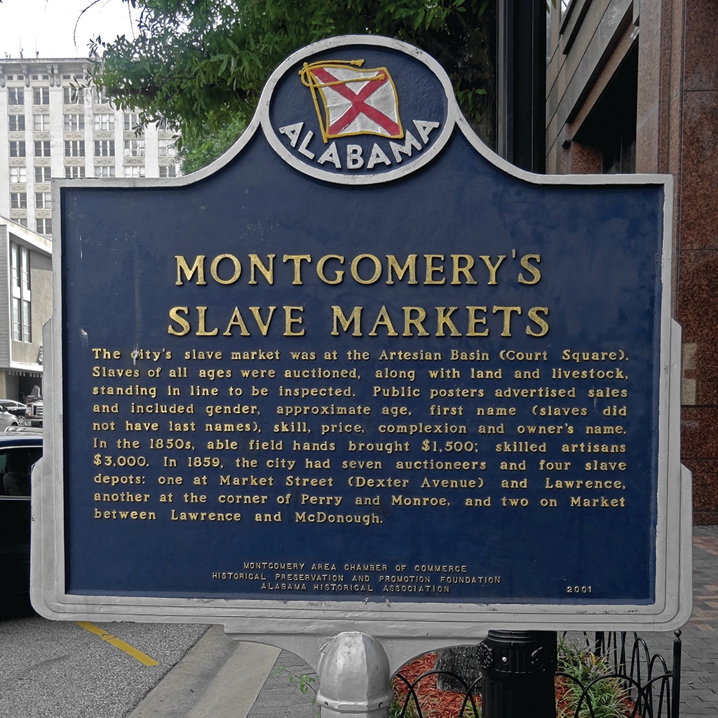 Historical sign detailing Montgomery's slave markets