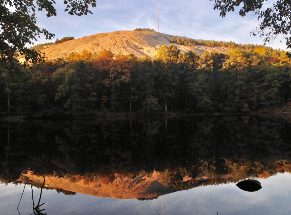 The view of Stone Mountain from across Venable Lake.