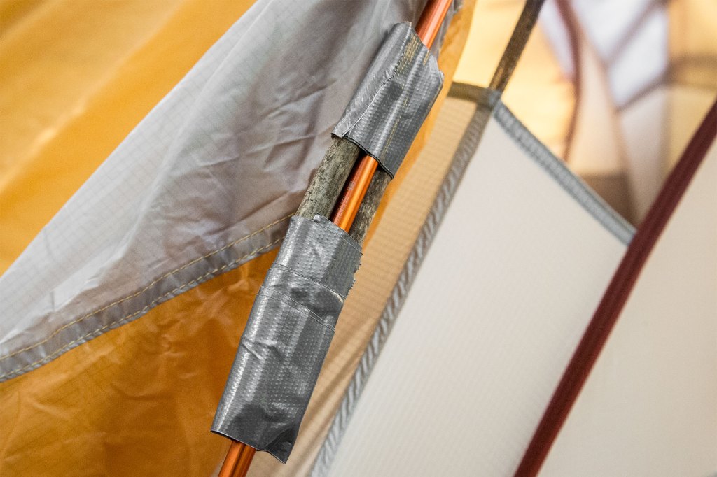 Tent pole repaired with duct tape