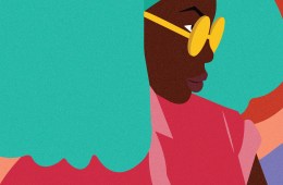 Artwork by Laci Jordan. A woman with a green afro against a colorful background.