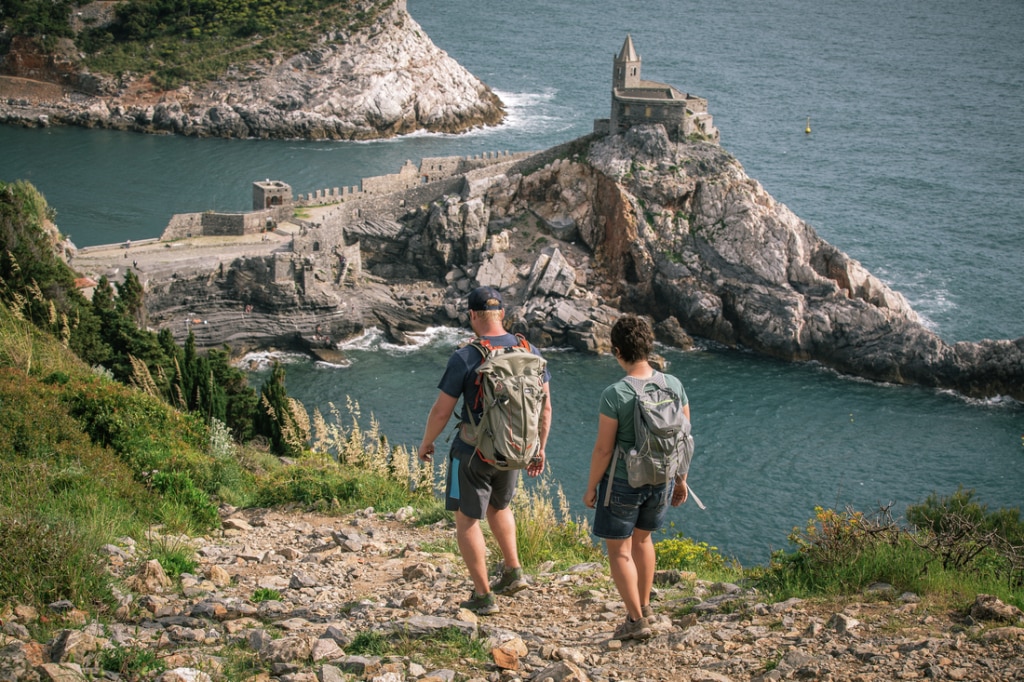 Hikers ready for the descent down one of Cinque Terre's steeper sections of trail. 