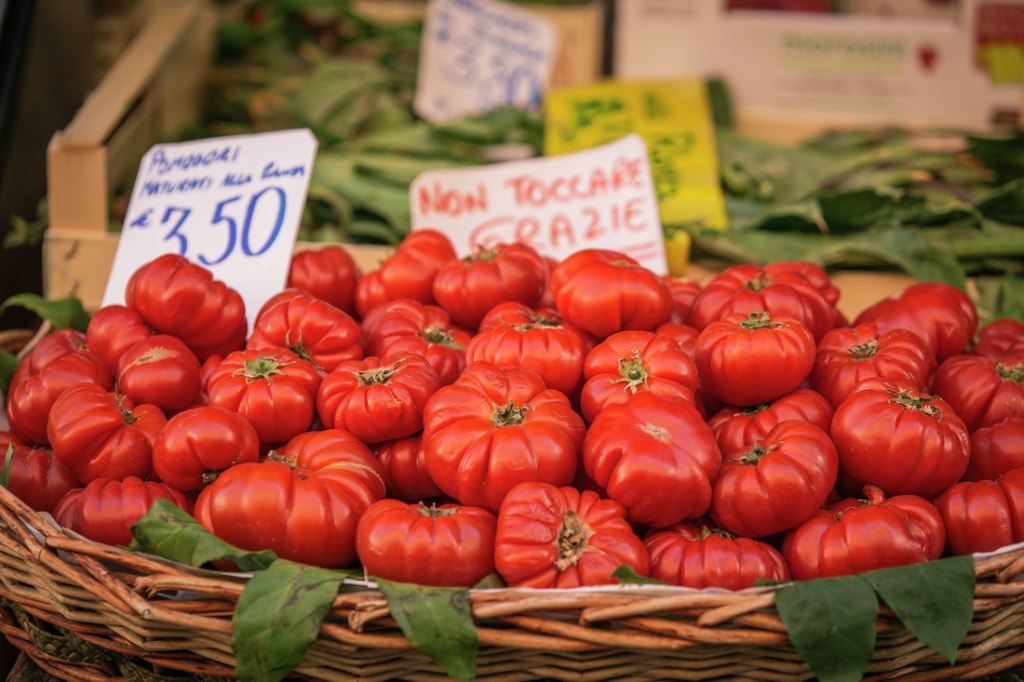 Tomatoes for sale at market.