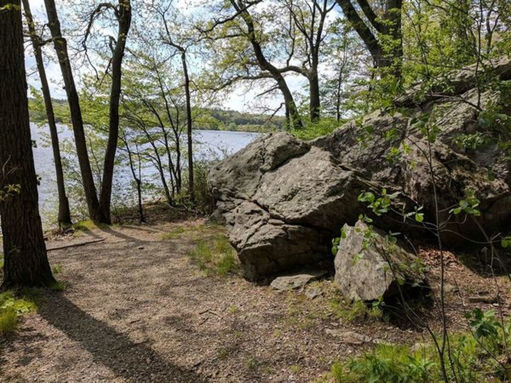 The Shoreline Trail follows along the lake.