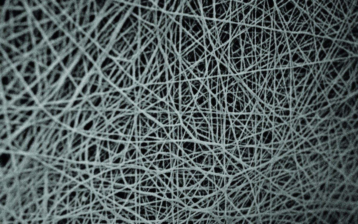 White fibers in a mesh pattern over a black background.