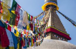 Prayer flags adorn a temple.
