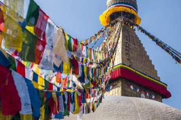 Prayer flags adorn a temple.
