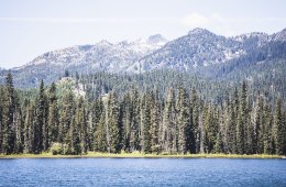 Lake with trees and mountains in the background