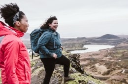 Travelers gaze over a scoured plain in Iceland.