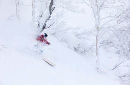 A skier in powder in Japan on DPS Skis.
