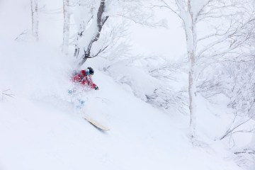 A skier in powder in Japan on DPS Skis.
