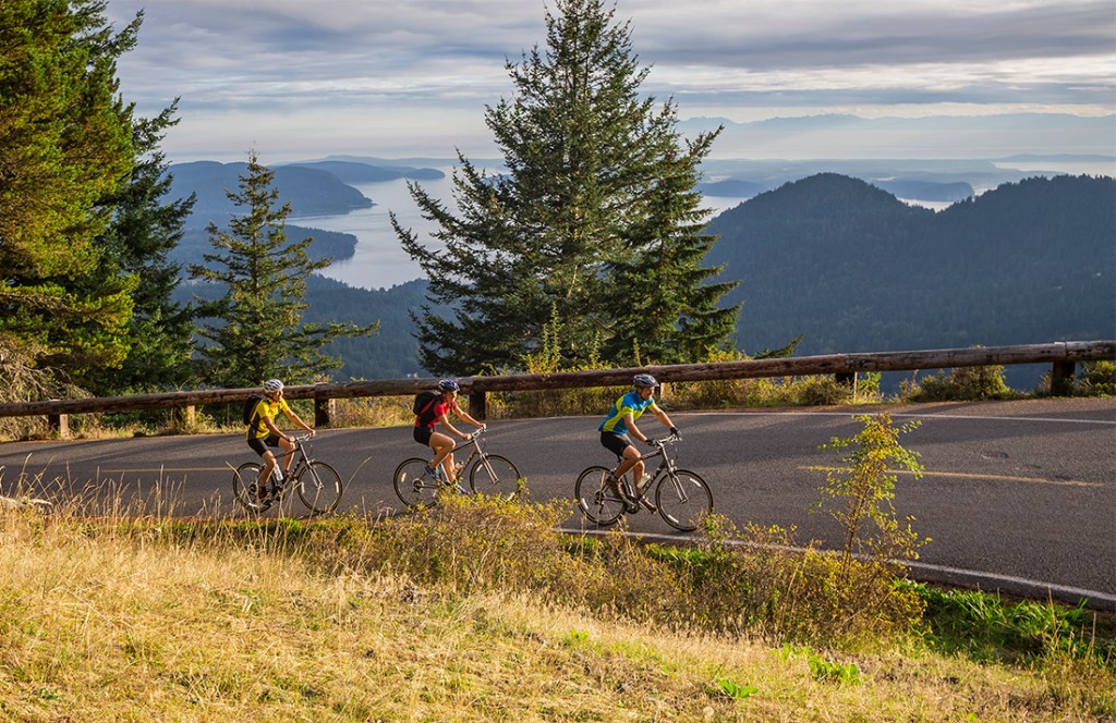 Cyclists on an REI Adventures tour pedal to the next San Juan destination.