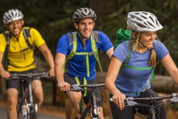 Cyclists pedal to an overlook in the San Juan Islands.