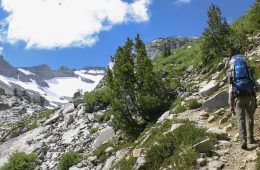 A backpacker hikes into the High Sierra backcountry in Sequoia National Park.