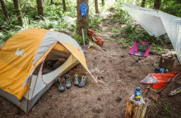 Campsite with backpacking gear set up