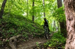 Demonte Cosby rides his mountani bike on a trail through a dense green forest