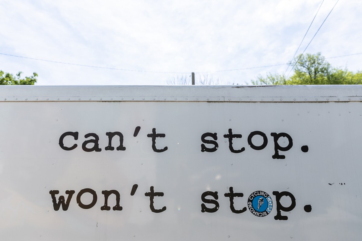 The words "Can't Stop. Won't Stop." are the slogan for the Richmond Cycling Corps, a NICA youth mountain bike program