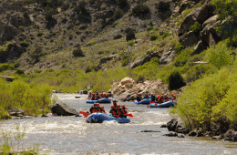 Rafters paddling down a full whitewater river with grassy hillsides on either side