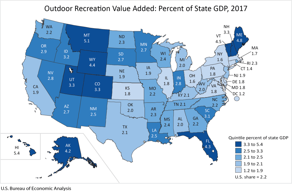 A map showing the economic contributions of the outdoor industry for each state
