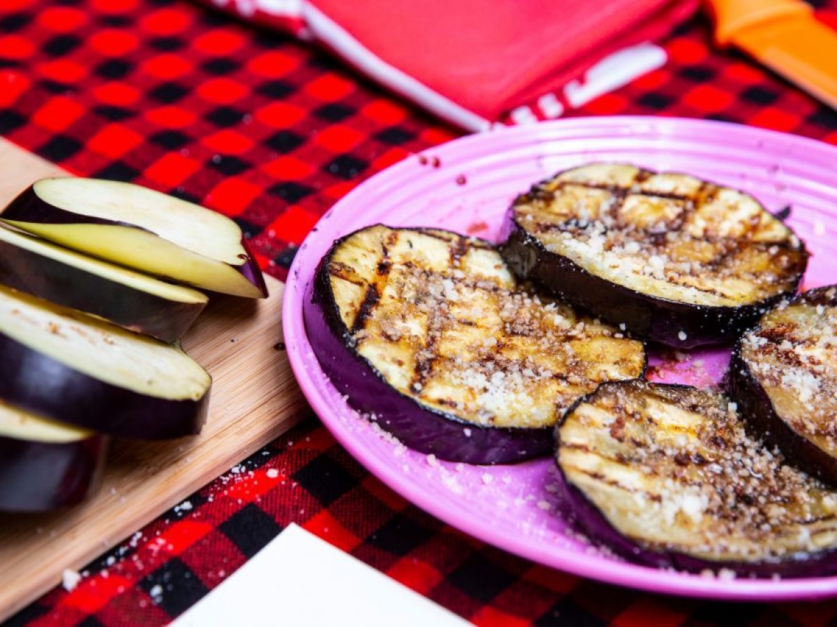 Fire roasted eggplant, plated and ready to serve