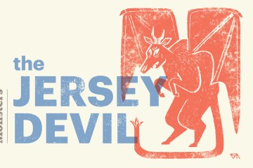And illustration of the Jersey Devil with text overlay that says the Camp Monsters Podcast and The Jersey Devil.