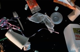 An image of trash floating in space
