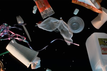 An image of trash floating in space