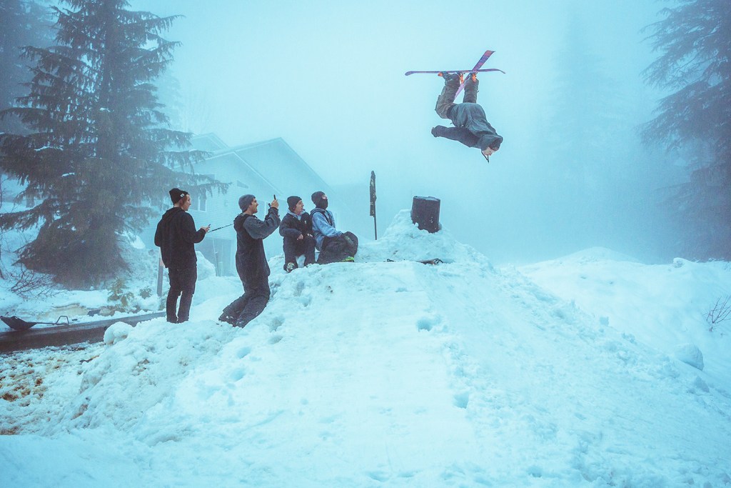 Skiers from Level 1 build a jump for the annual ski movie. 