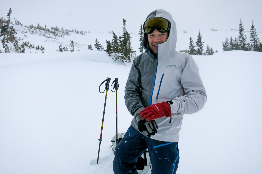 Kelly Cordes testing a half-and-half jacket from Patagonia.