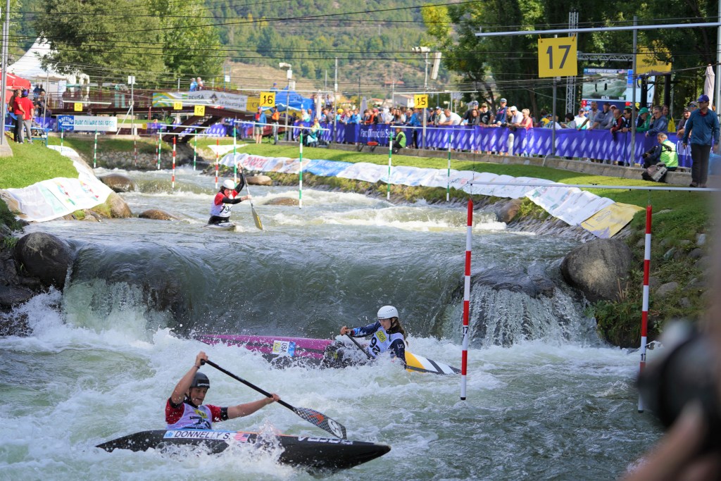 Evy Leibfarth paddles through human-made rapids during a team run in the 2019 world cup