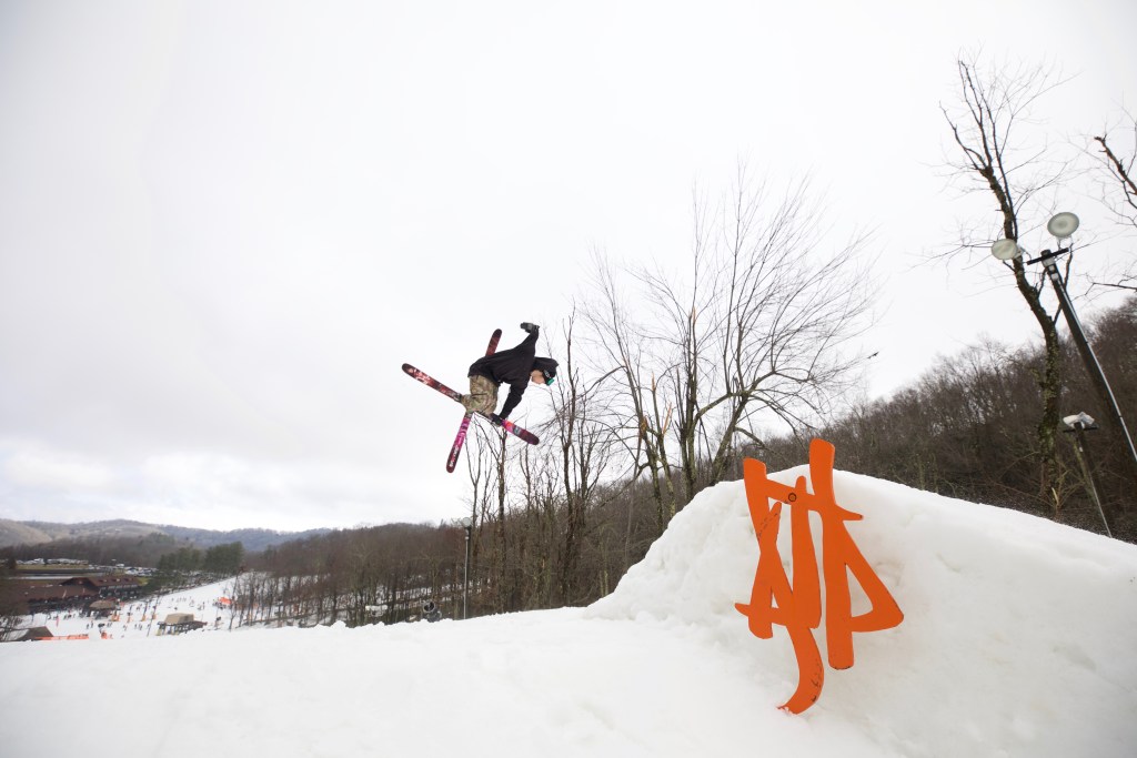 A skier gets some air at one of App's myriad terrain parks.