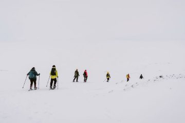 A group of trekkers wander through a white winter landscape.