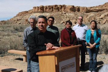 Rep. Luján speaking at Chaco Culture National Historical Park to announce legislation to permanently protect the greater Chaco Canyon region from drilling and extraction on federal lands