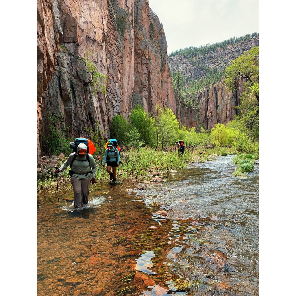 Hikers wade through a clear stream in a red rock canyon