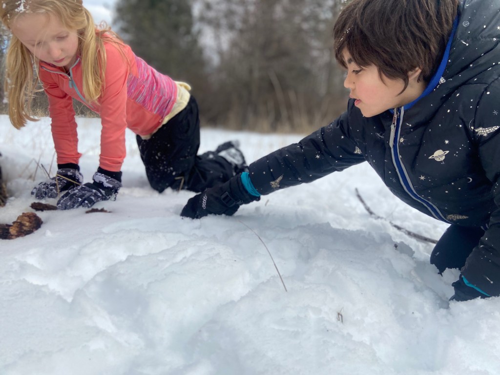 Children create a tic-tac-toe board in white fluffy snow