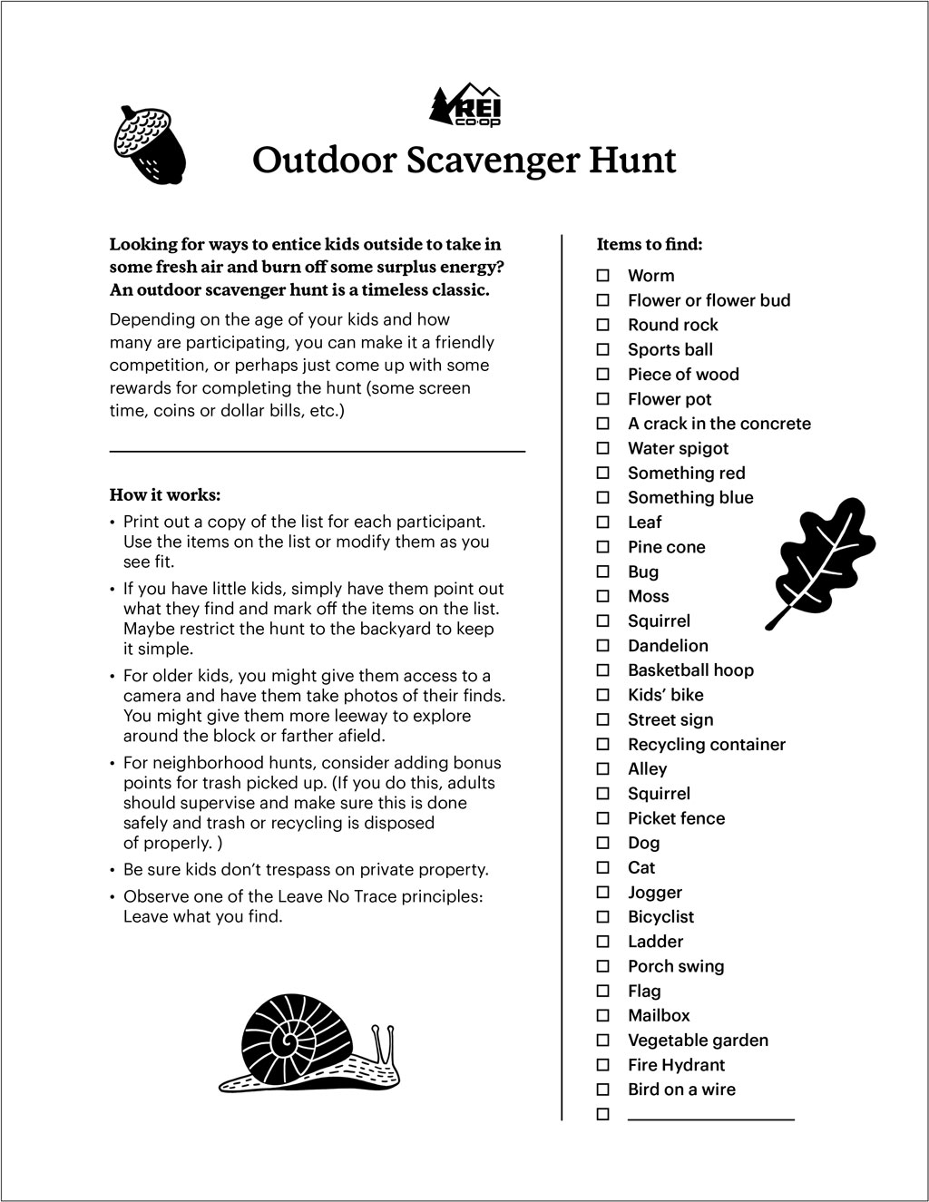 A list of things to look for on an outdoor scavenger hunt.