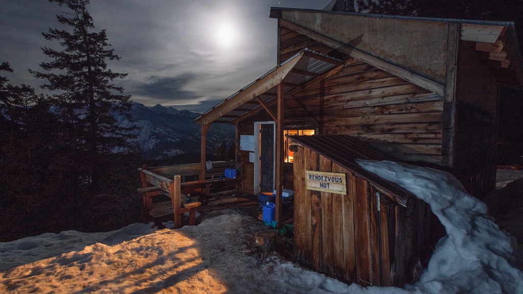 Winter cabin at night