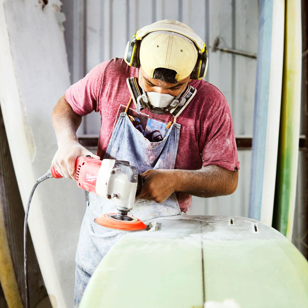 A shaper at work at Popoyo’s GA Surfboards. 