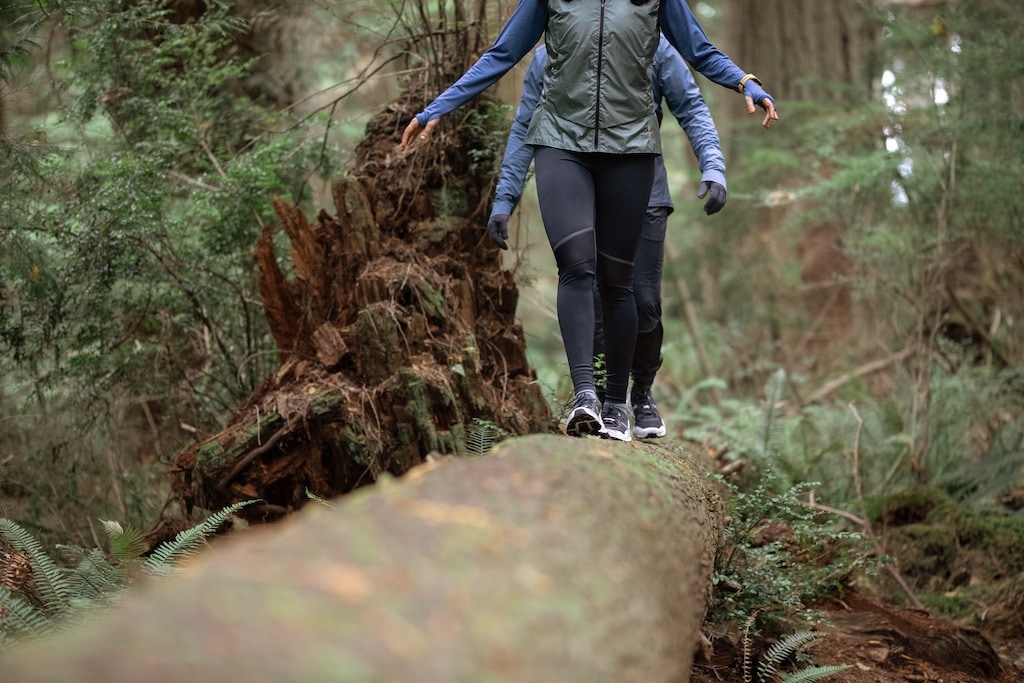 Two people walking on a large fallen log.