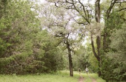 Two runners wind their way through a community park in Austin