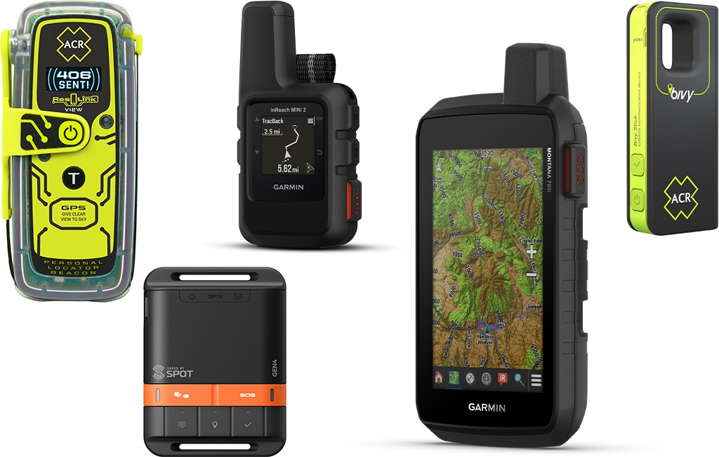 ACR Electronics ResQLink View ($379.95), SPOT Gen4 ($149.95), Garmin inReach Mini 2 ($400), Garmin Montana 700i ($700) and ACR Electronics Bivy Stick ($199.95) 
