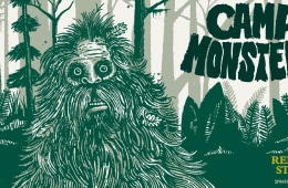 A sketch illustration of the Sasquatch with Camp Monsters written in the top right corner and REI Co-op Studios and Sponsored by YETI in the bottom right corner.