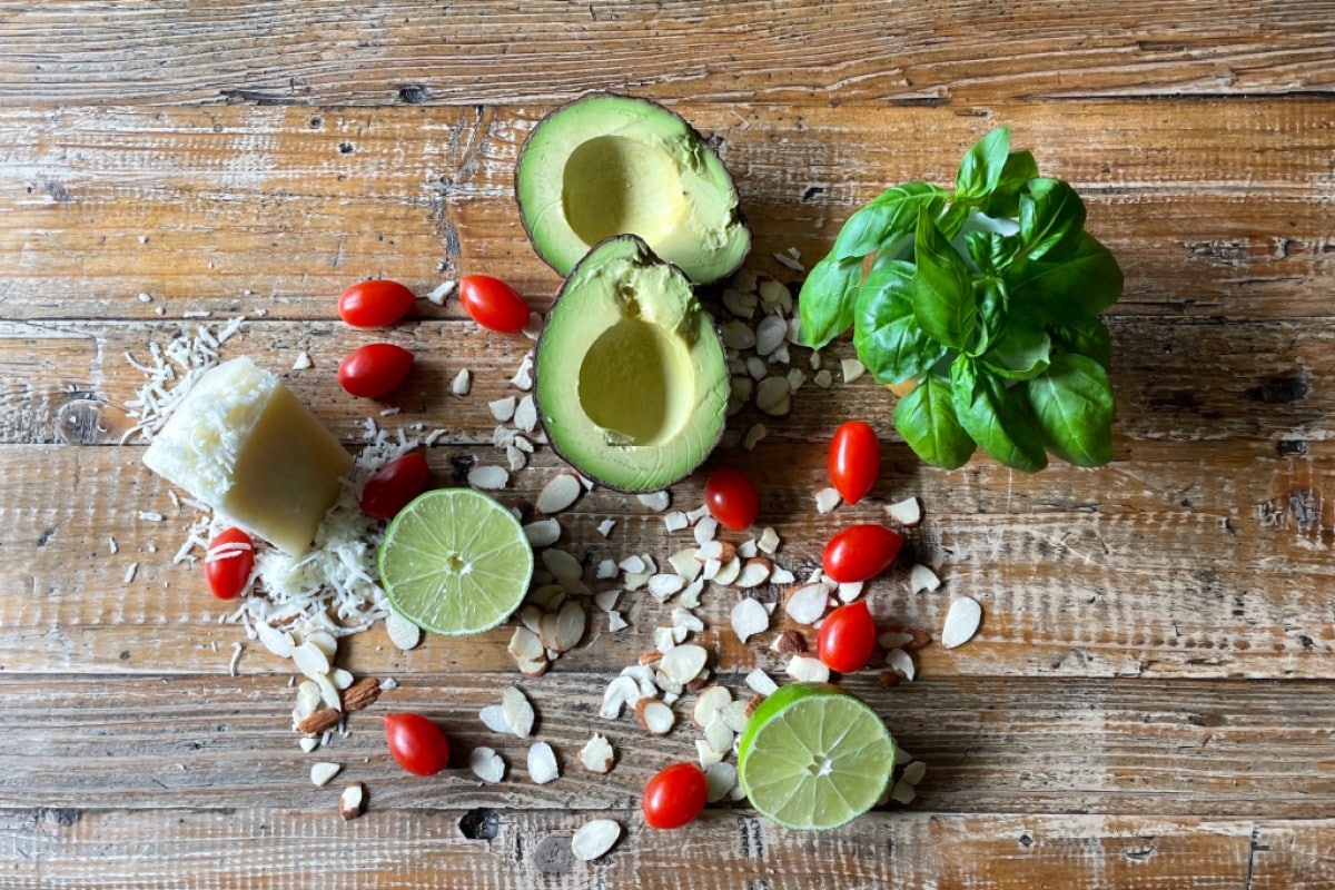 An overhead shot of the ingredients that go into the avocado bowl.